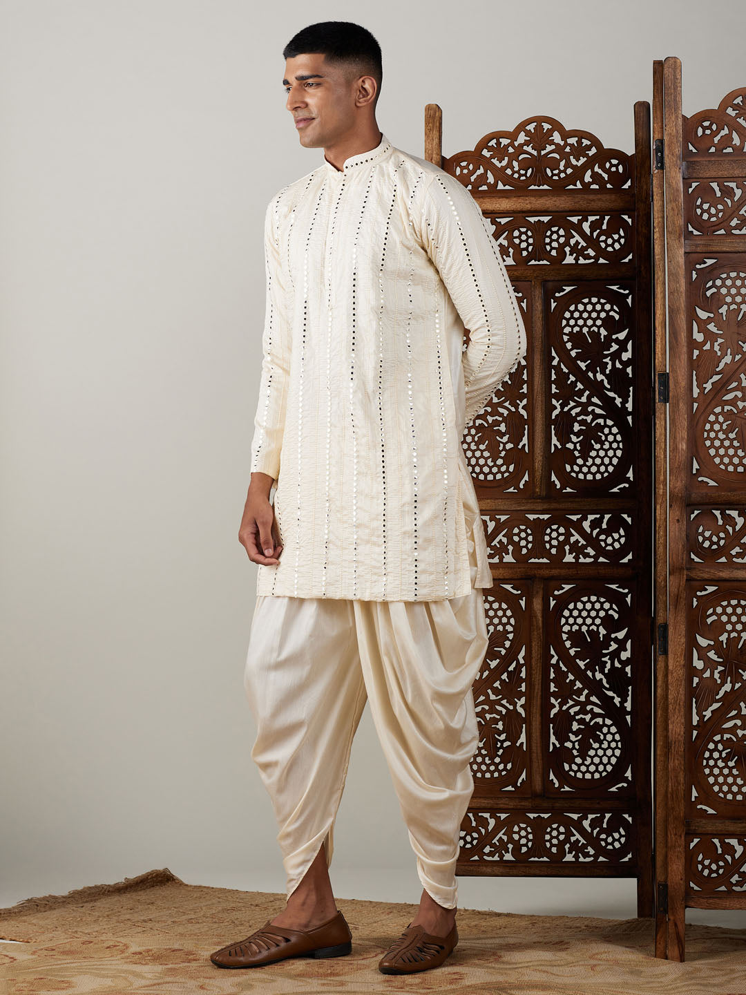 Men's Cream Mirror Kurta Dhoti Set