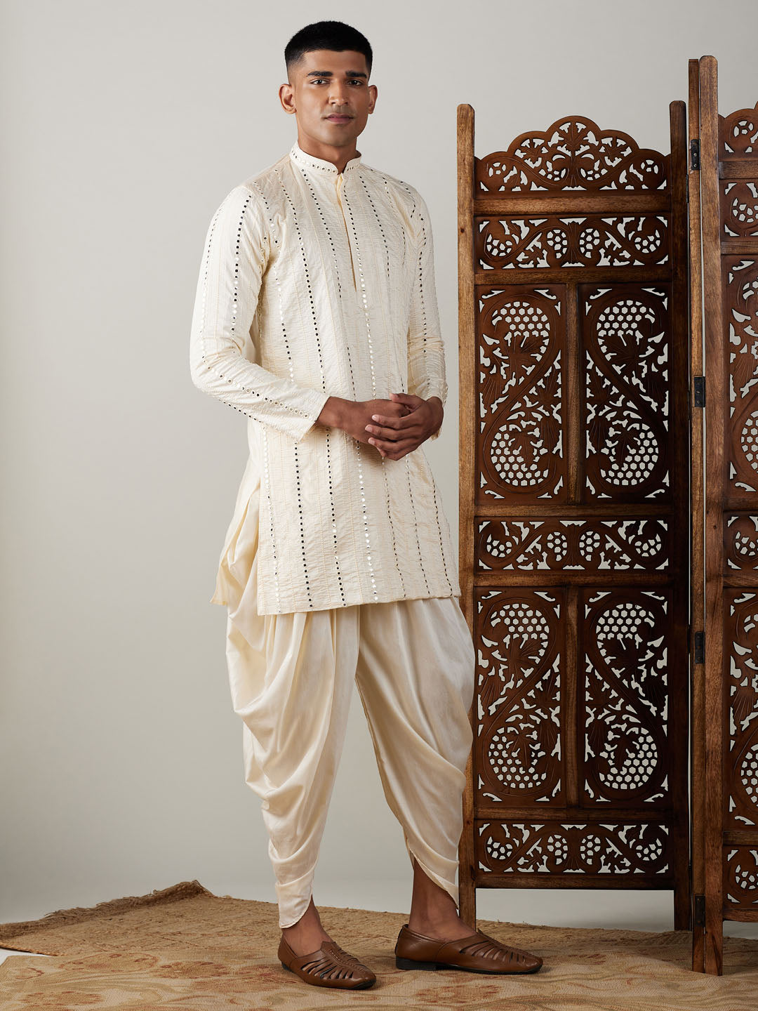 Men's Cream Mirror Kurta Dhoti Set