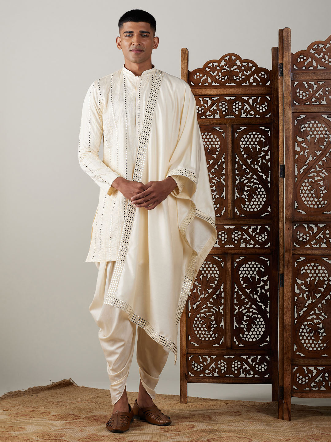 Men's Cream Mirror Kurta Dhoti And Dupatta Set