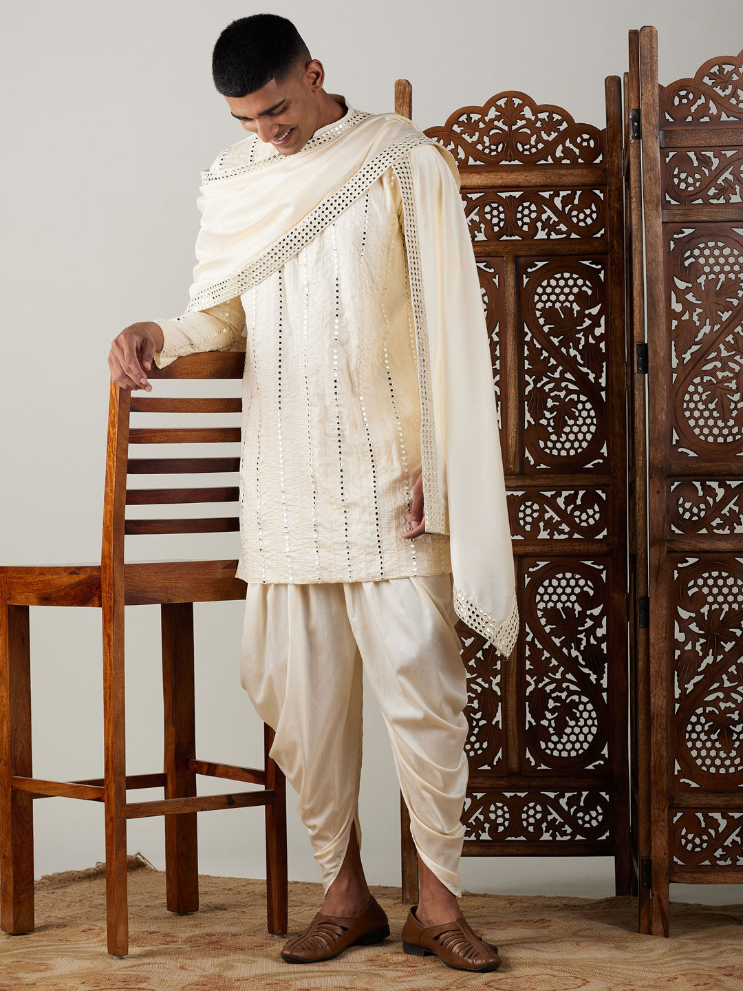 Men's Cream Mirror Kurta Dhoti And Dupatta Set