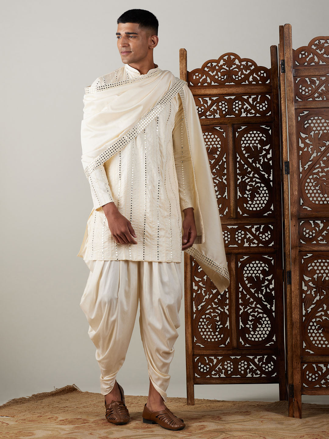 Men's Cream Mirror Kurta Dhoti And Dupatta Set