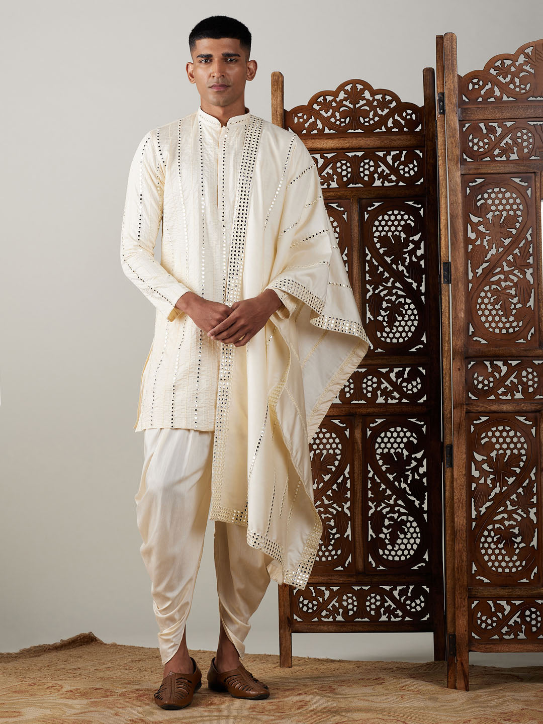 Men's Cream Mirror Kurta Dhoti And Dupatta Set