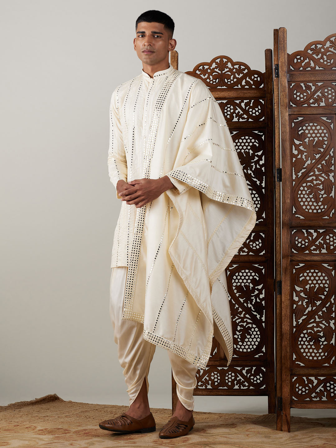 Men's Cream Mirror Kurta Dhoti And Dupatta Set