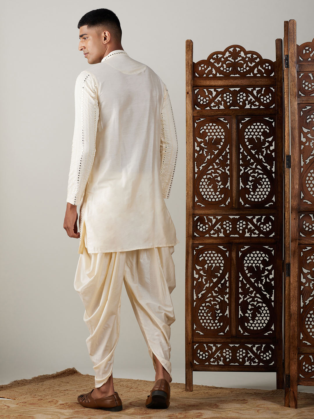 Men's Cream Mirror Kurta Dhoti And Dupatta Set