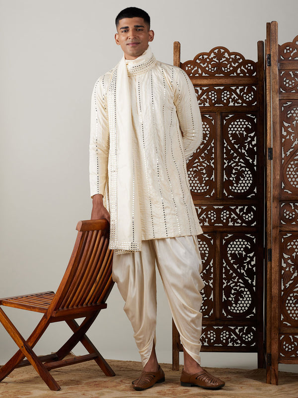 Men's Cream Mirror Kurta Dhoti And Dupatta Set