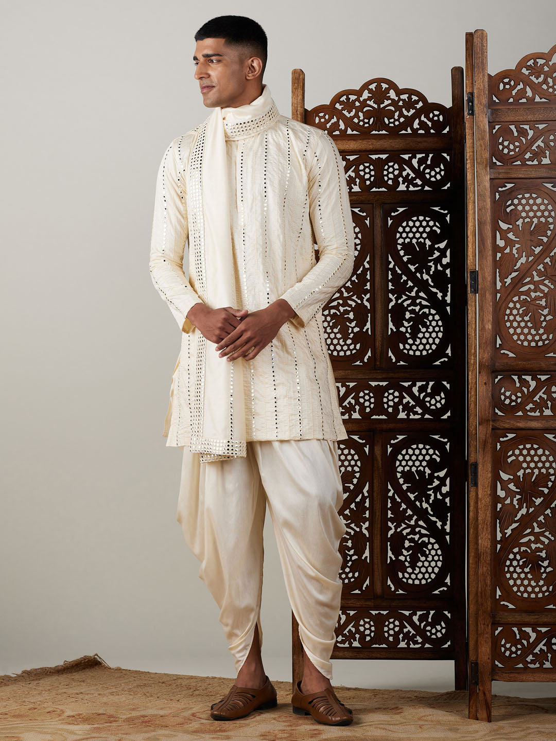 Men's Cream Mirror Kurta Dhoti And Dupatta Set