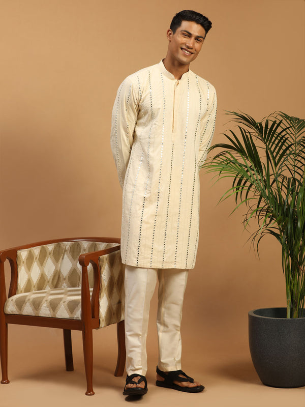 Men's Cream Mirror Kurta Pant Set