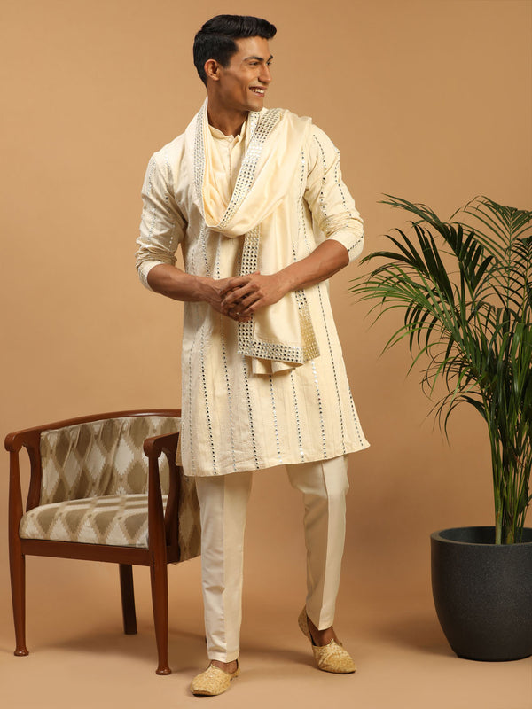 Men's Cream Mirror Kurta Pant And Dupatta Set