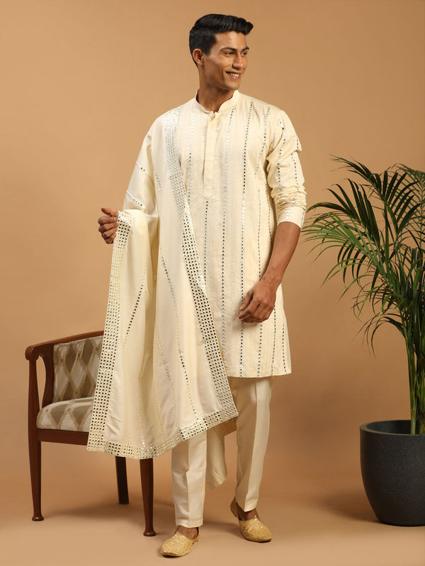 Men's Cream Mirror Kurta Pant With Dupatta Set