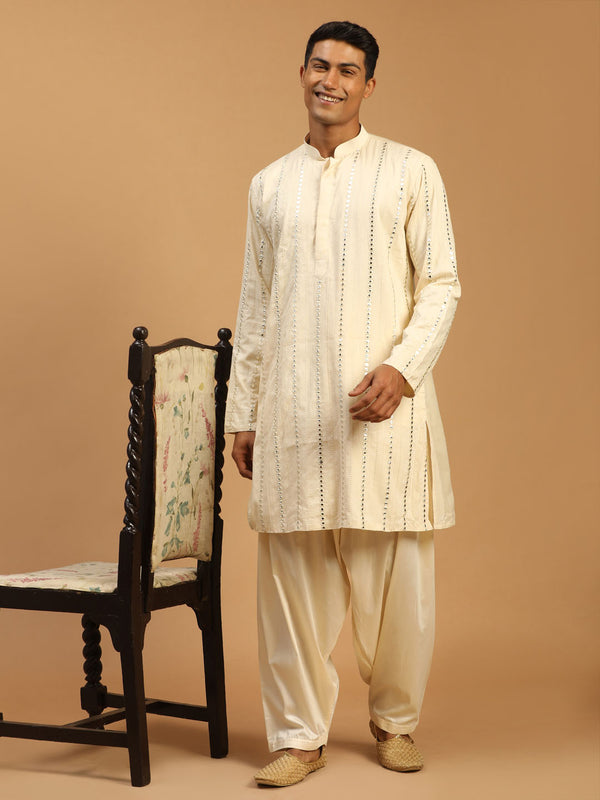 Men's Cream Mirror Kurta With Patiala Set