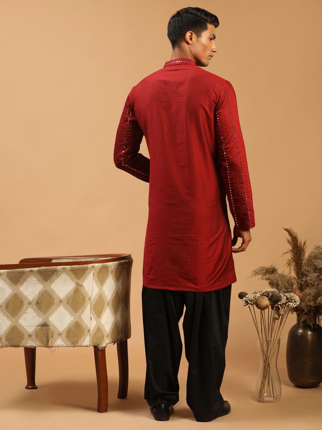 Men's Maroon Mirror Kurta With Patiala Set
