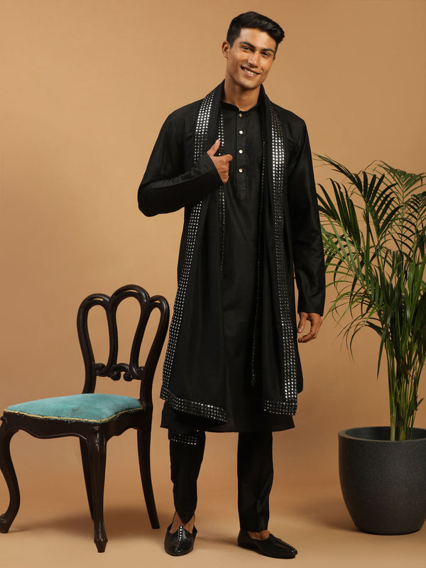 Men's Black Viscose Kurta Pant And Dupatta Set