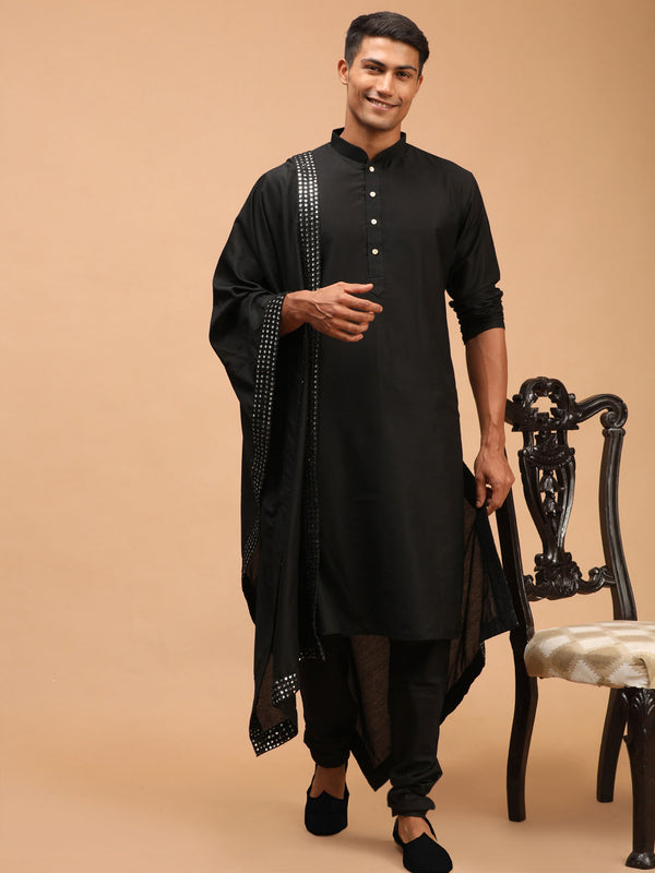 Men's Black Viscose Kurta Pyjama And Dupatta Set