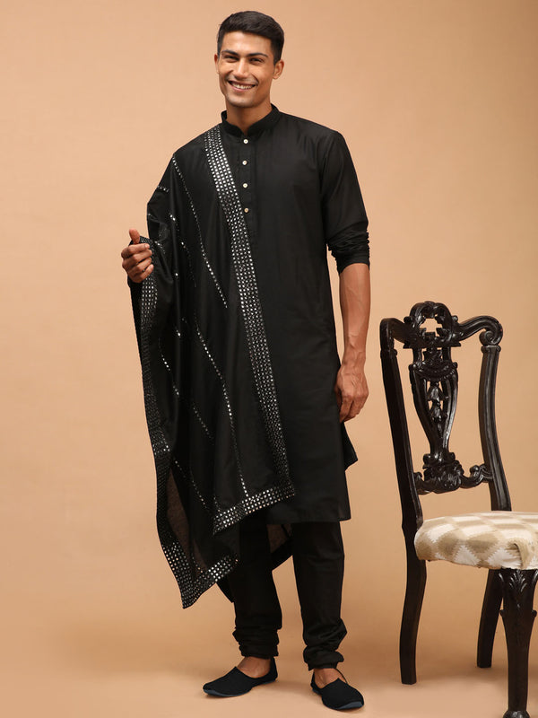 Men's Black Viscose Kurta Pyjama And Dupatta Set