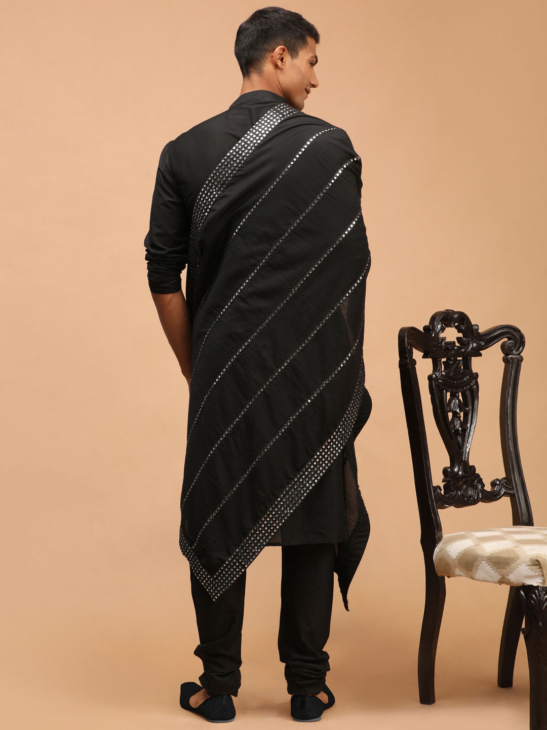 Men's Black Viscose Kurta Pyjama And Dupatta Set