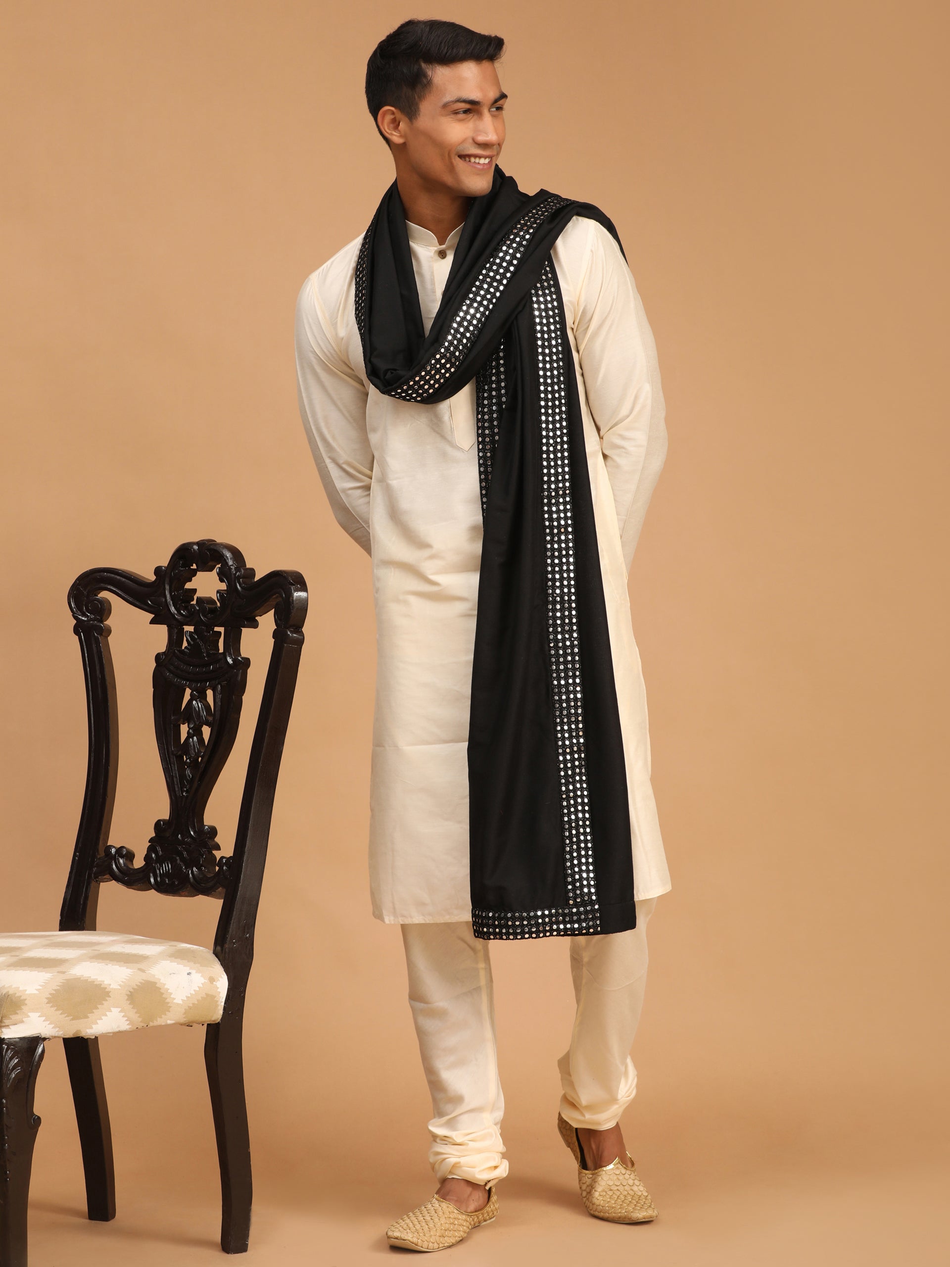 Men's Cream Viscose Kurta Pyjama And Dupatta Set