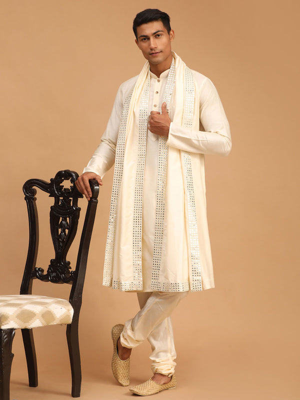 Men's Cream Viscose Kurta Pyjama And Dupatta Set
