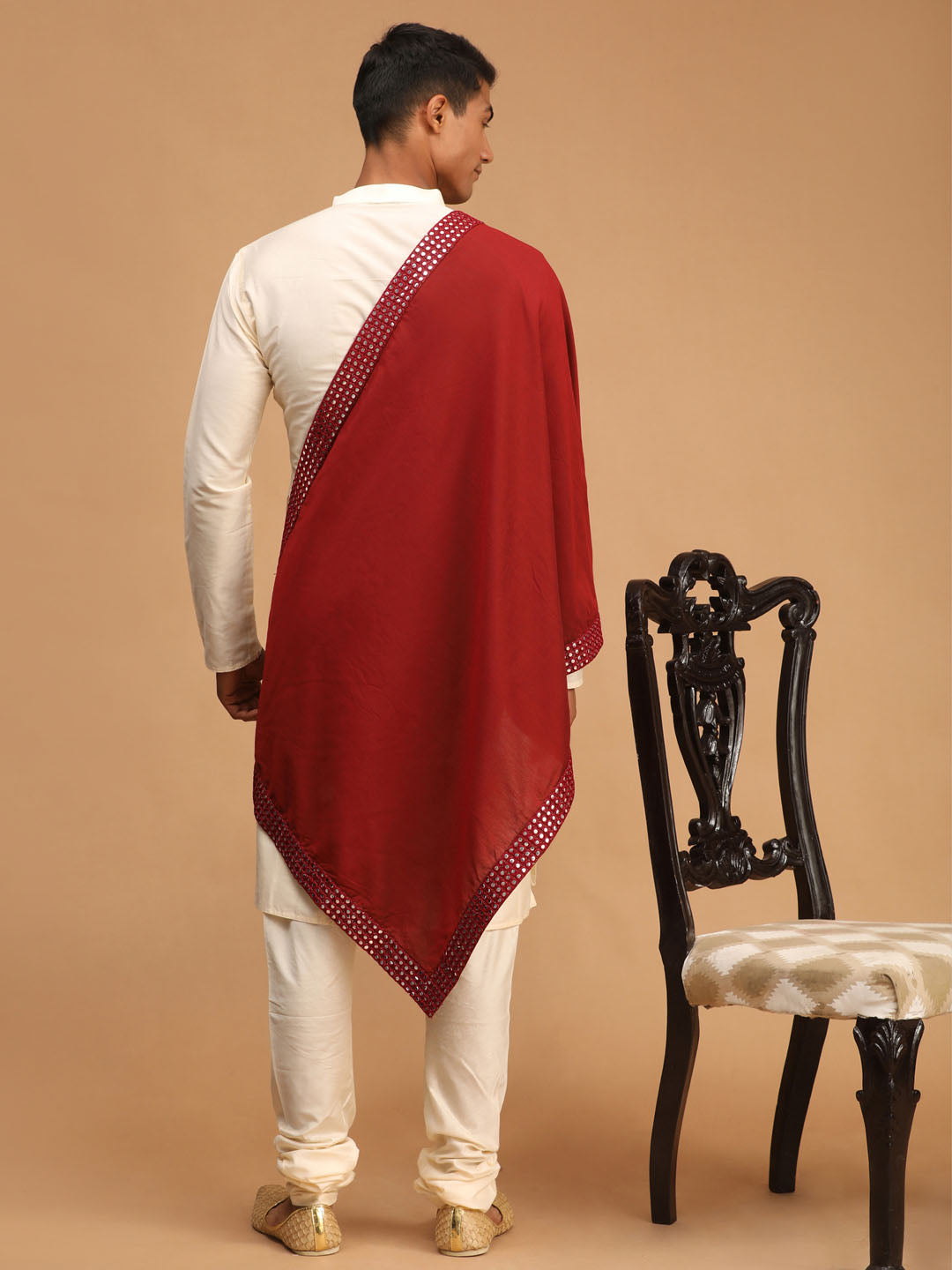 Men's Cream Viscose Kurta Pyjama And Dupatta Set