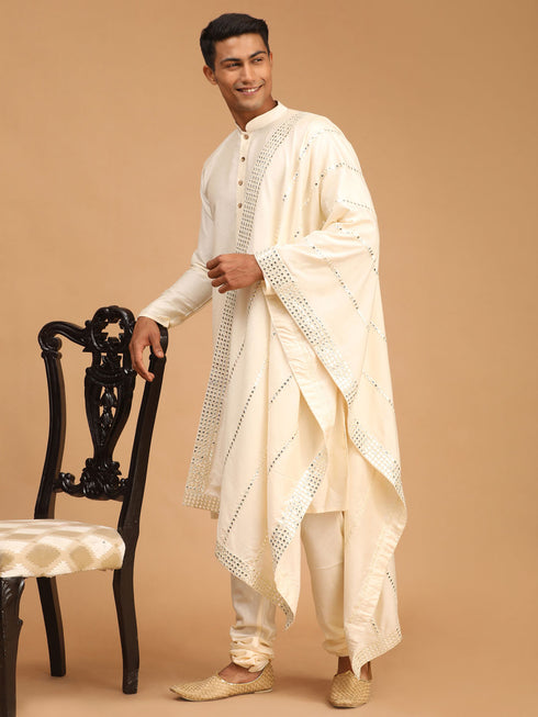 Men's Cream Viscose Kurta Pyjama And Dupatta Set