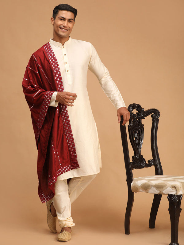 Men's Cream Viscose Kurta Pyjama And Dupatta Set