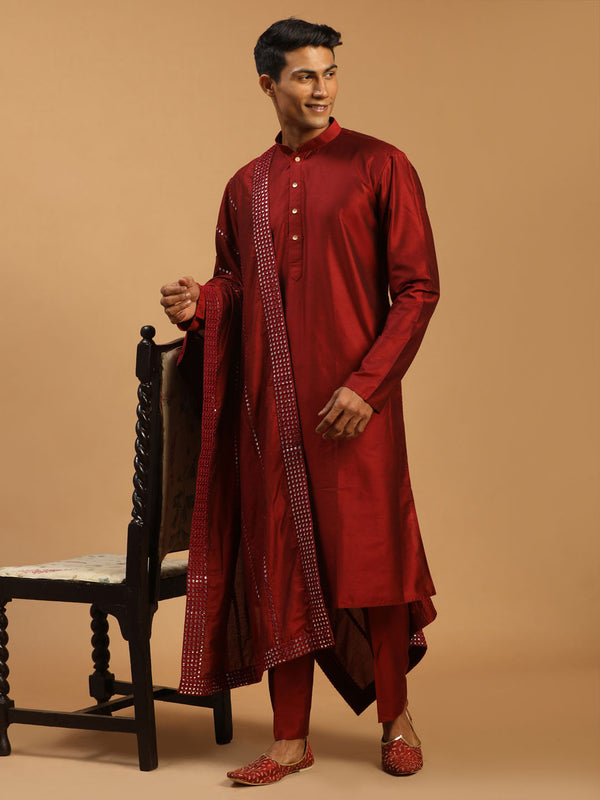 Men's Maroon Viscose Kurta Pyjama And Dupatta Set