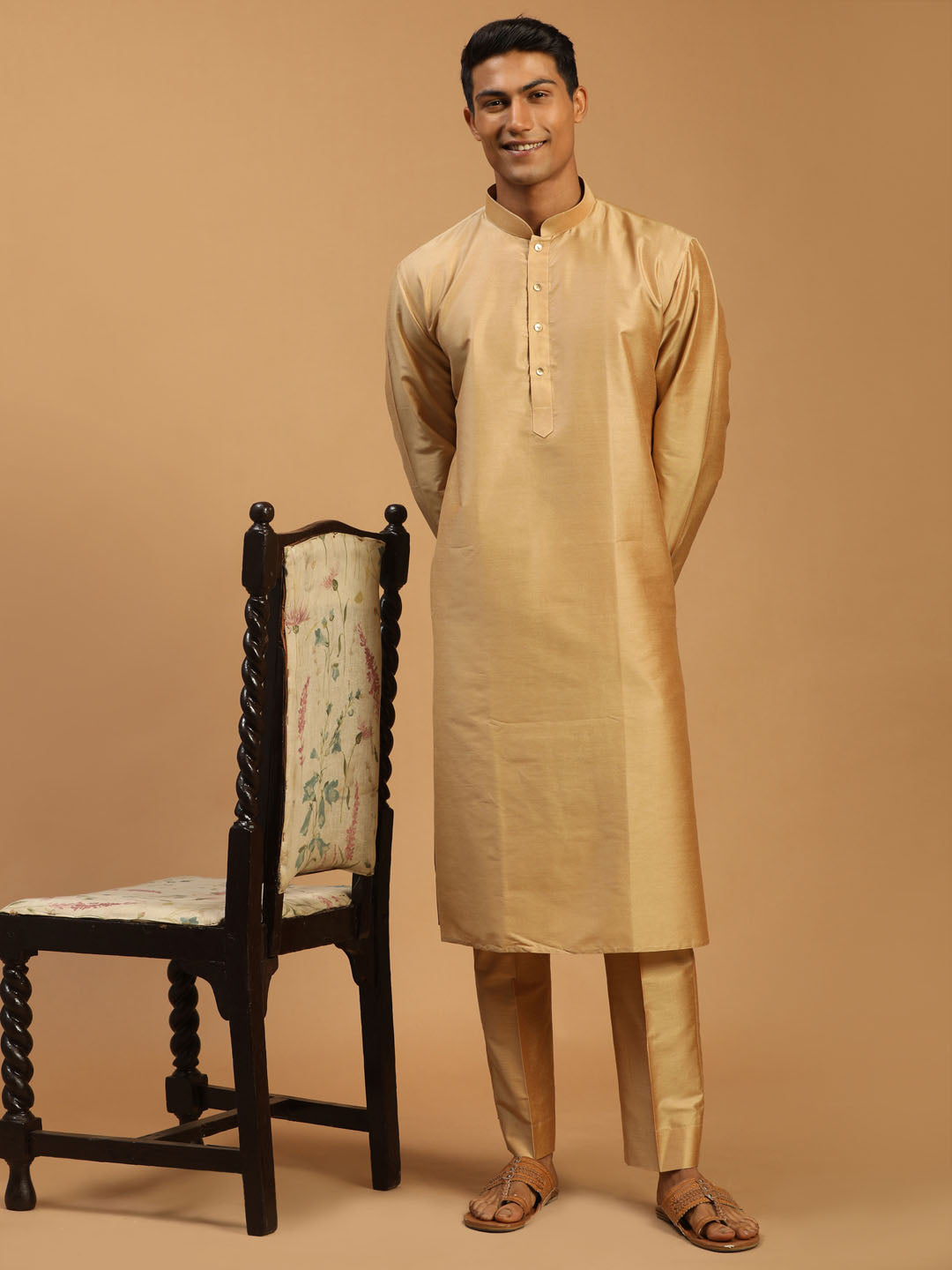 Men's Rose Gold Viscose Kurta With Pant Set