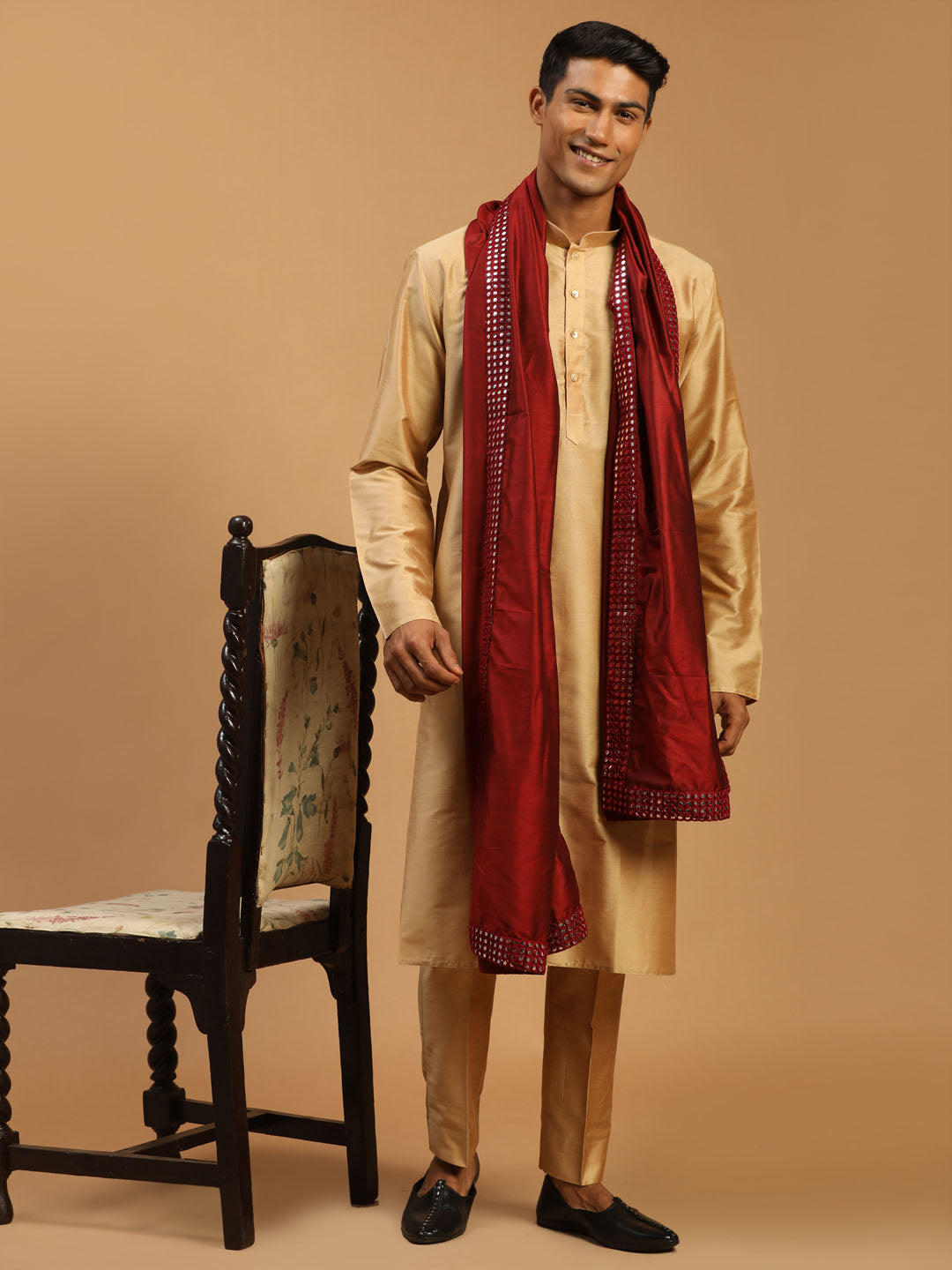 Men's Rose Gold Viscose Kurta Pant And Dupatta Set