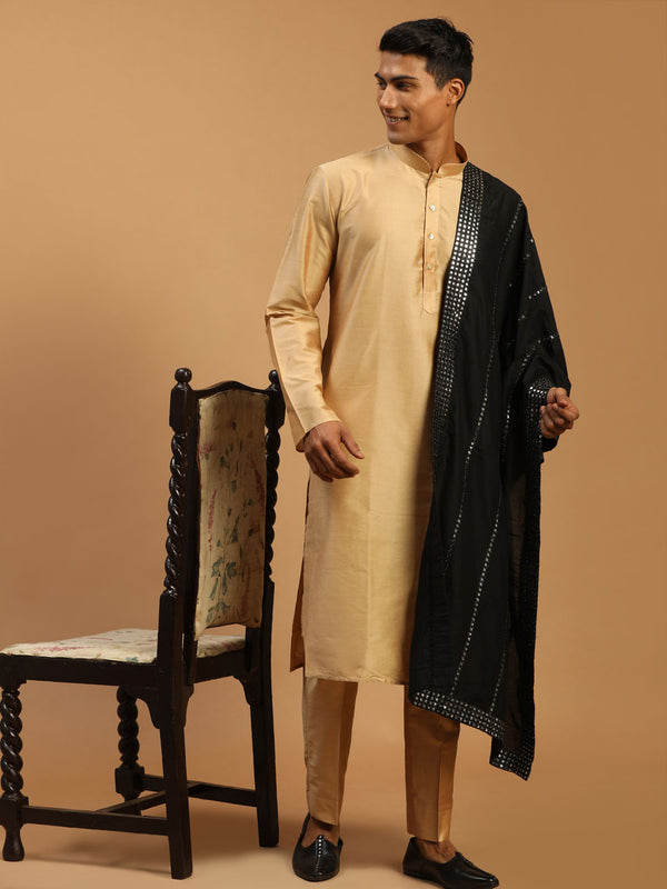 Men's Rose Gold Viscose Kurta Pyjama And Dupatta Set