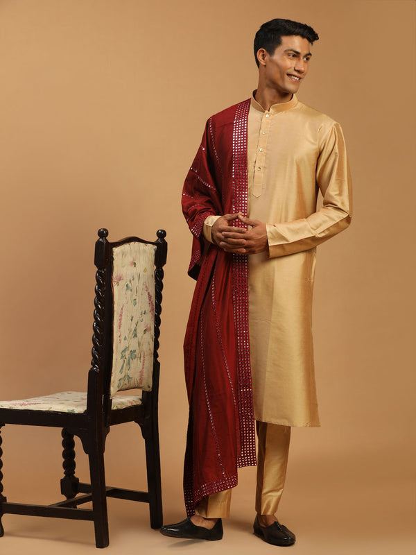 Men's Rose Gold Viscose Kurta Pant And Dupatta Set