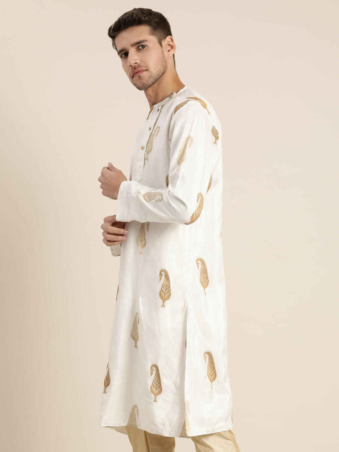 Men's White Golden Weaved Silk Blend Kurta