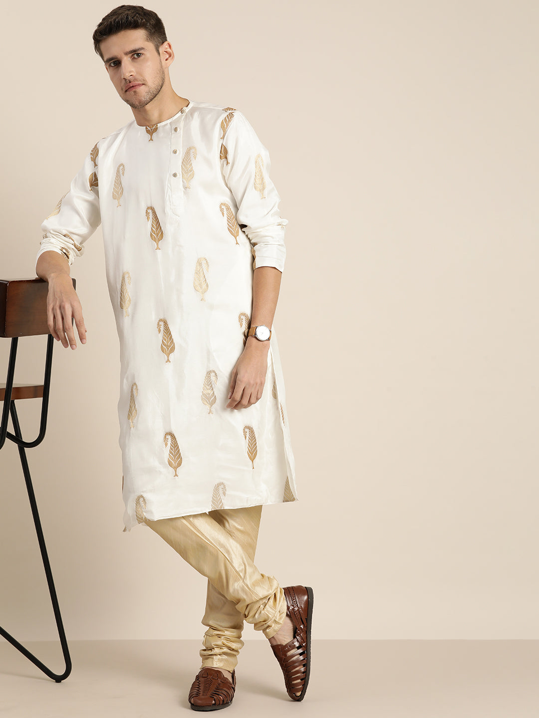 Men's White Golden Weaved Silk Blend Kurta