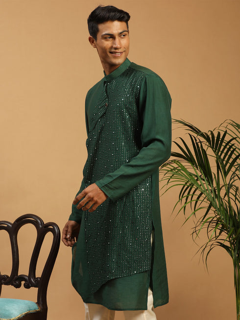 Men's Green Sequined Layered Kurta
