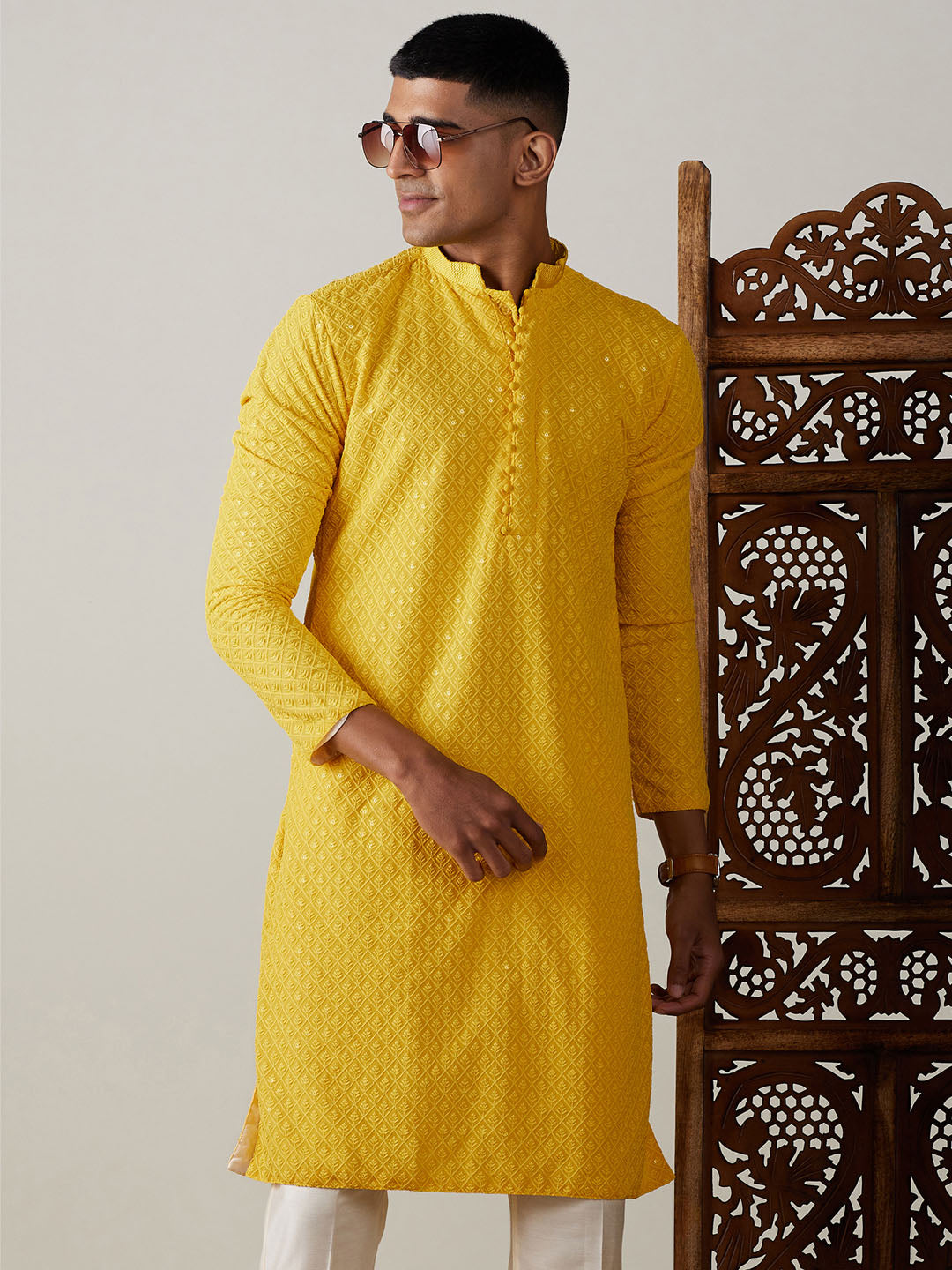 Men's Yellow Embroidery Worked Georgette Kurta