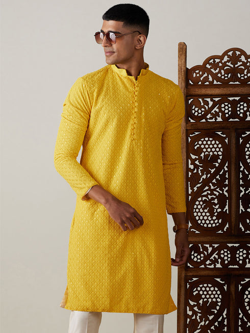 Men's Yellow Embroidery Worked Georgette Kurta