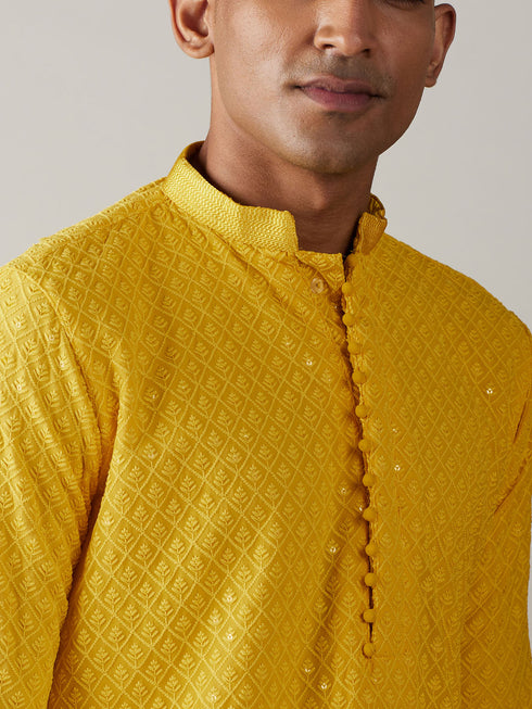 Men's Yellow Embroidery Worked Georgette Kurta