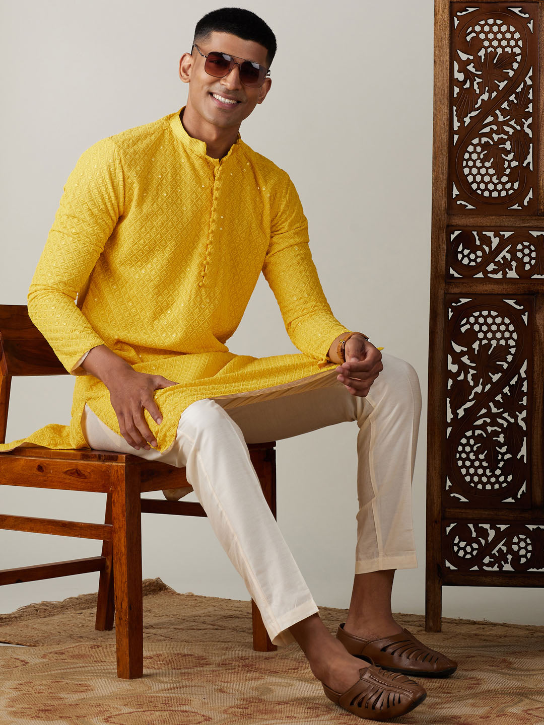 Men's Yellow Embroidery Worked Georgette Kurta