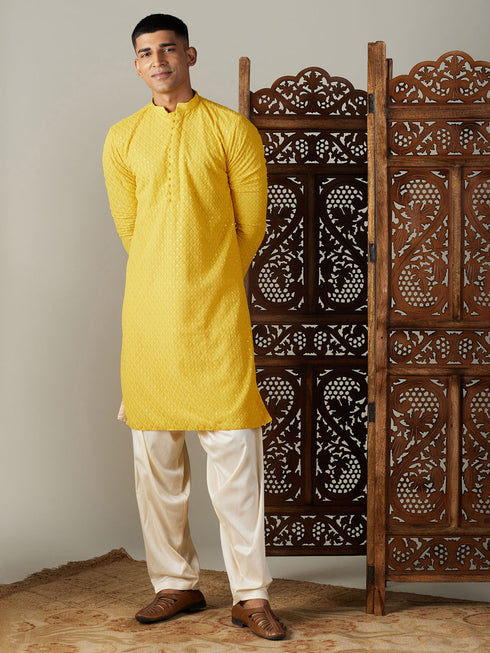 Men's Yellow Embroidery Worked Georgette Kurta With Cream Patiala Set