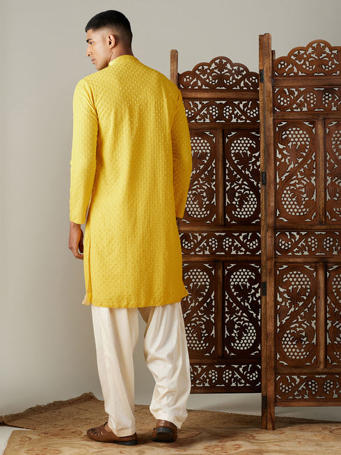 Men's Yellow Embroidery Worked Georgette Kurta With Cream Patiala Set