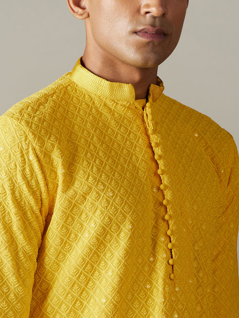 Men's Yellow Embroidery Worked Georgette Kurta With Cream Patiala Set
