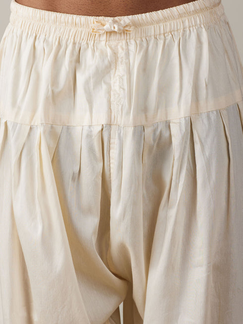 Men's Yellow Embroidery Worked Georgette Kurta With Cream Patiala Set