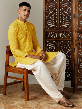 SHRESTHA By VASTRAMAY Men's Yellow Embroidery Worked Georgette Kurta With Cream Patiala Set