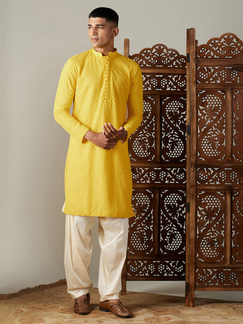 Men's Yellow Embroidery Worked Georgette Kurta With Cream Patiala Set