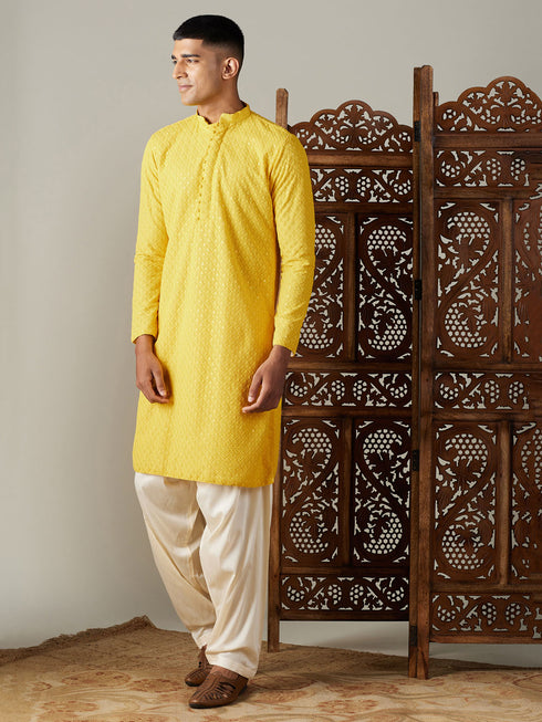 Men's Yellow Embroidery Worked Georgette Kurta With Cream Patiala Set