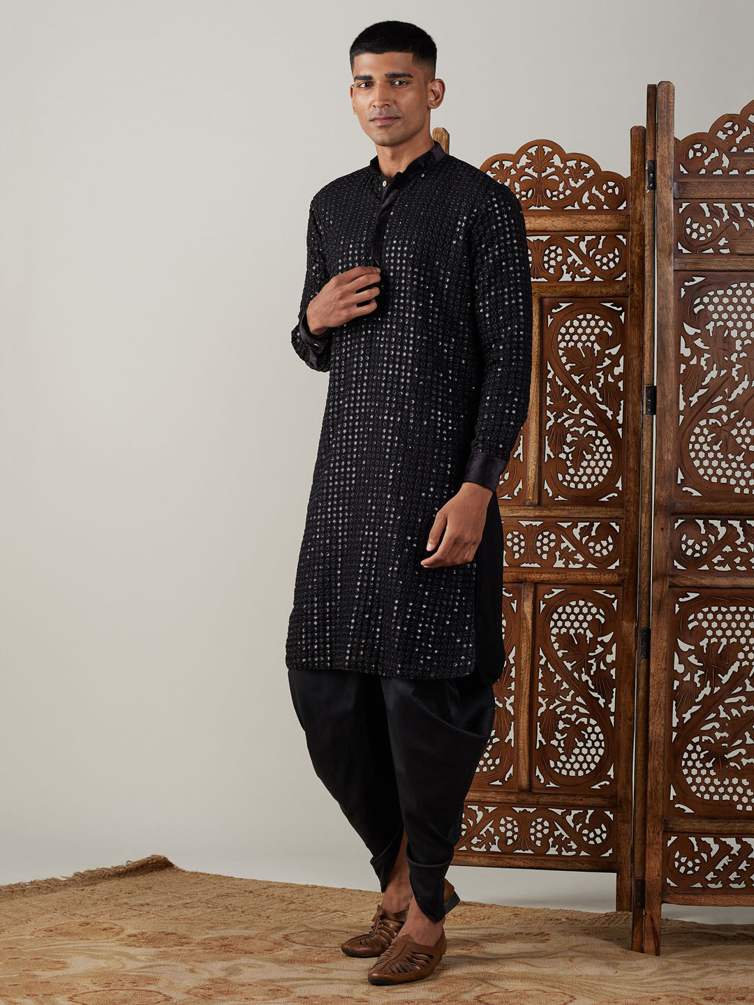 Men's Black Mirror Georgette Kurta Dhoti Set