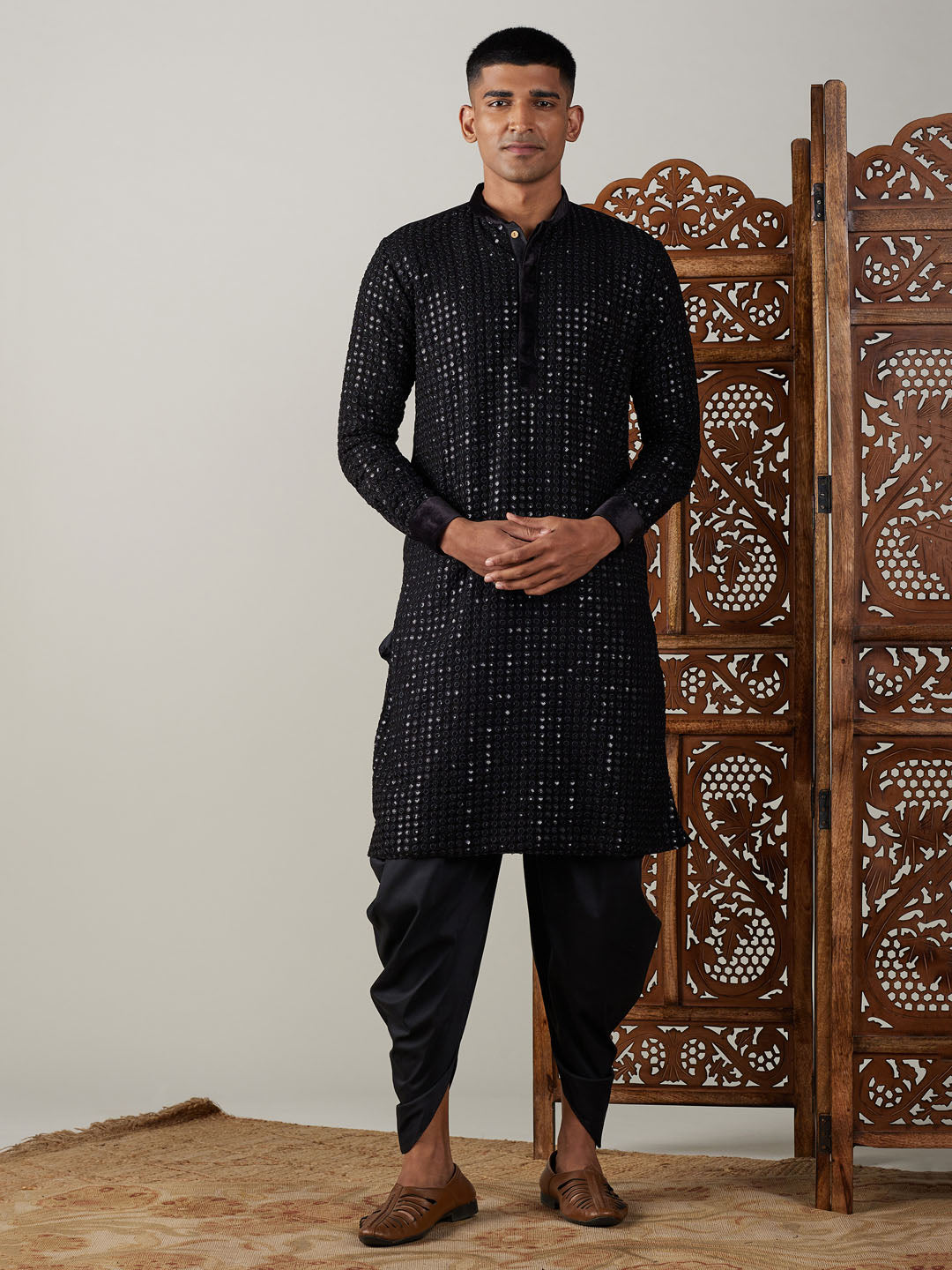 Men's Black Mirror Georgette Kurta Dhoti Set