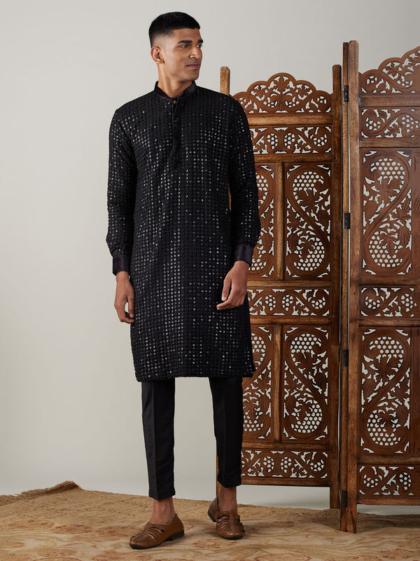 Men's Black Mirror Georgette Kurta Pant Set