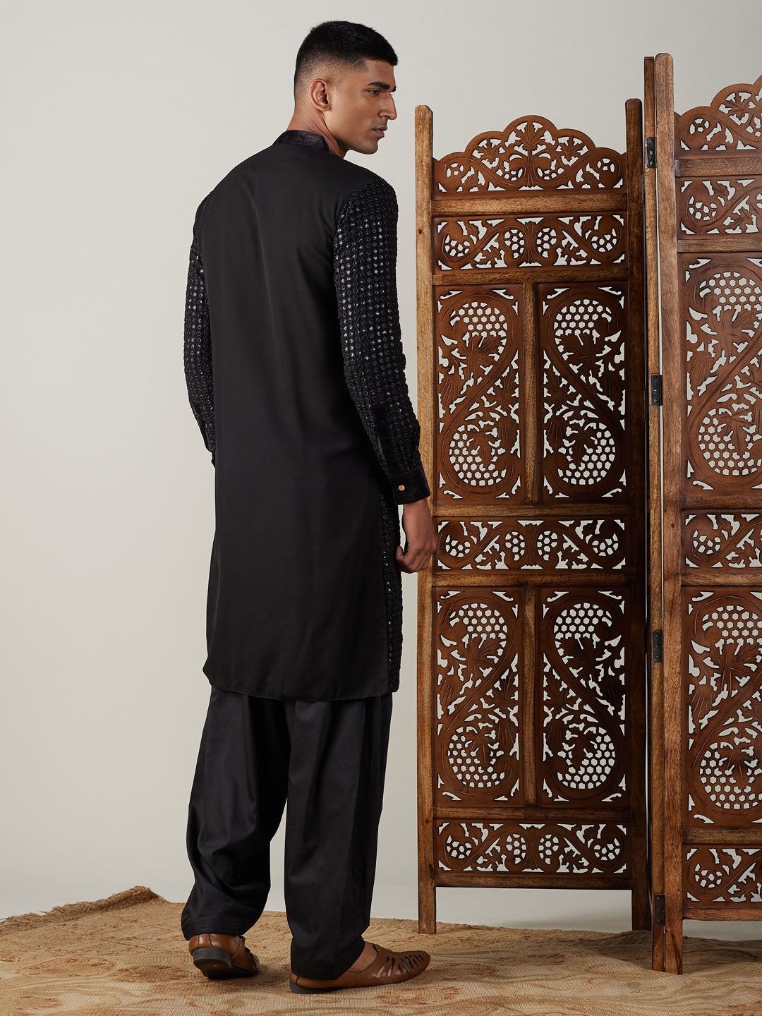Men's Black Mirror Georgette Kurta With Patiala Set