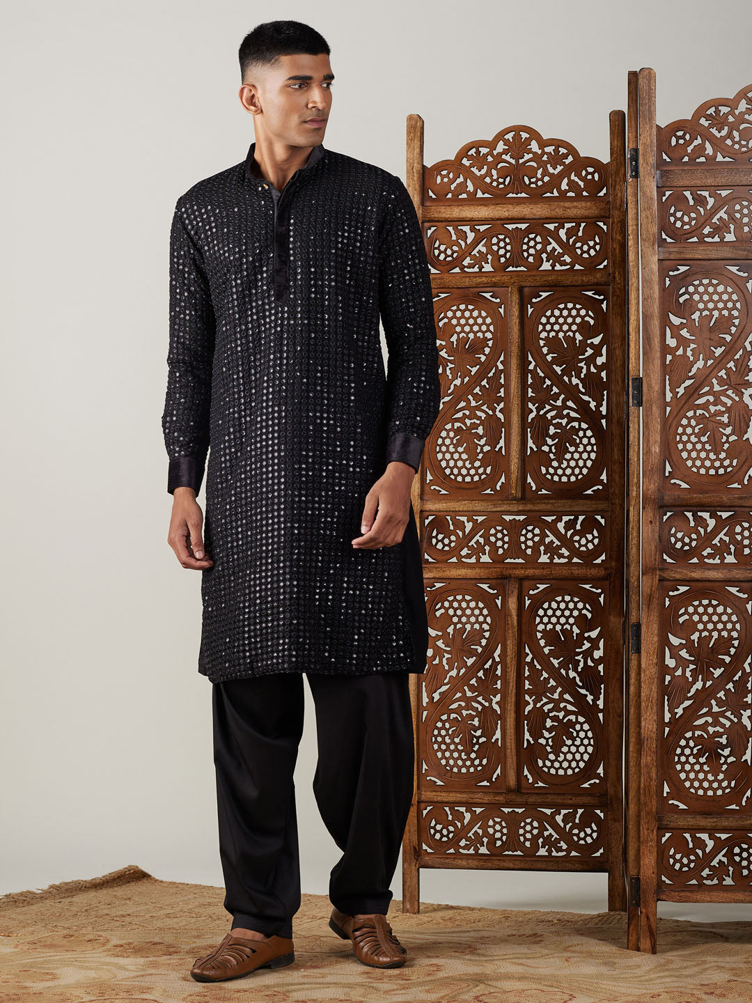 Men's Black Mirror Georgette Kurta With Patiala Set
