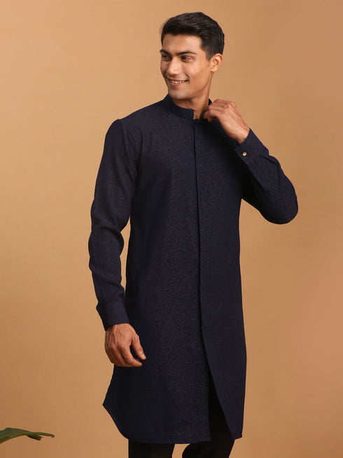 Men's Navy Blue Glitter Printed Fancy Kurta