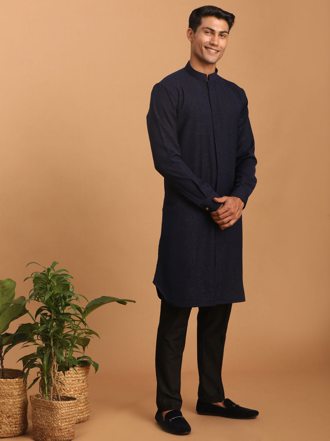 Men's Navy Blue Printed Kurta Pant Set